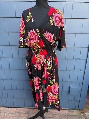 KorMei Black Floral Wrap Midi Dress with Pink & Red Blooms 2XL